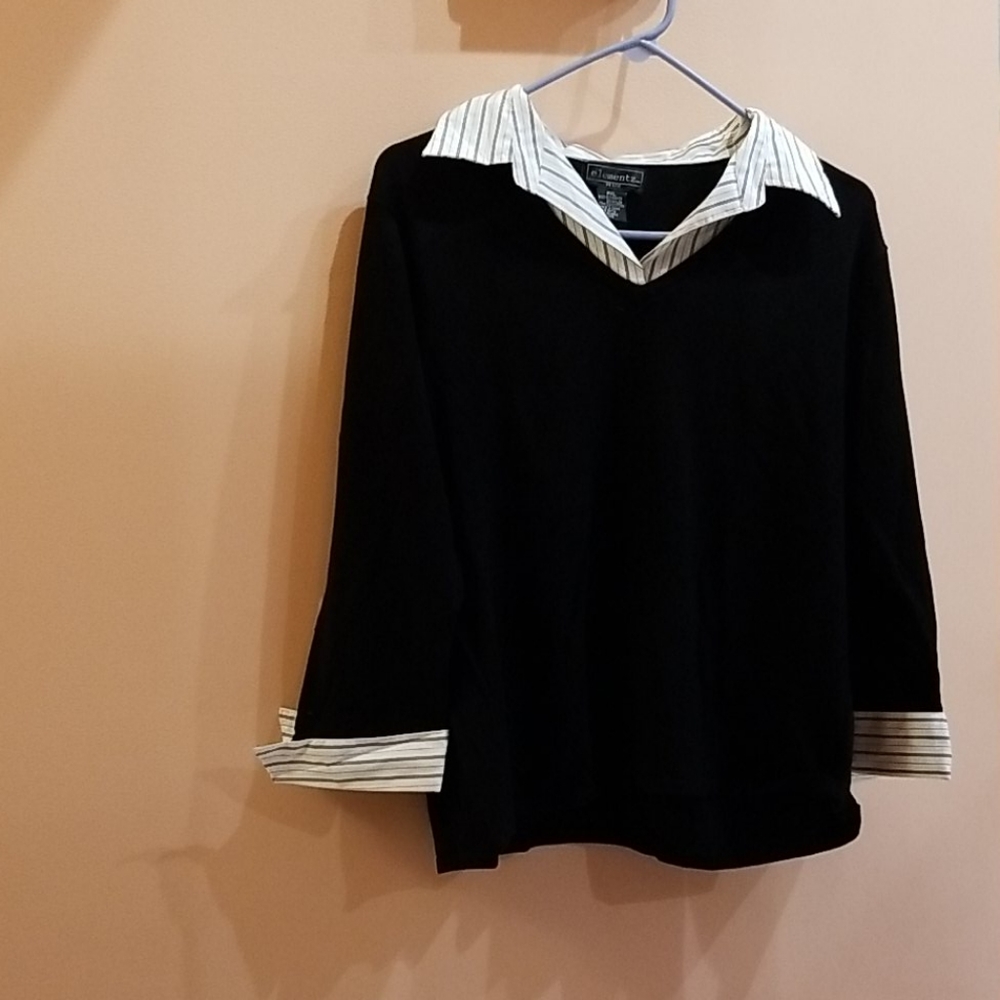 Woman top, black w/white striped collar
